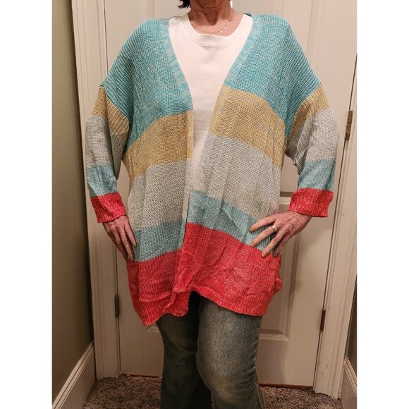 Lane Bryant Cardi jacket Aqua Coral Yellow Color Block BoHo Classic Sz 26/28 NWT - Picture 3 of 8
